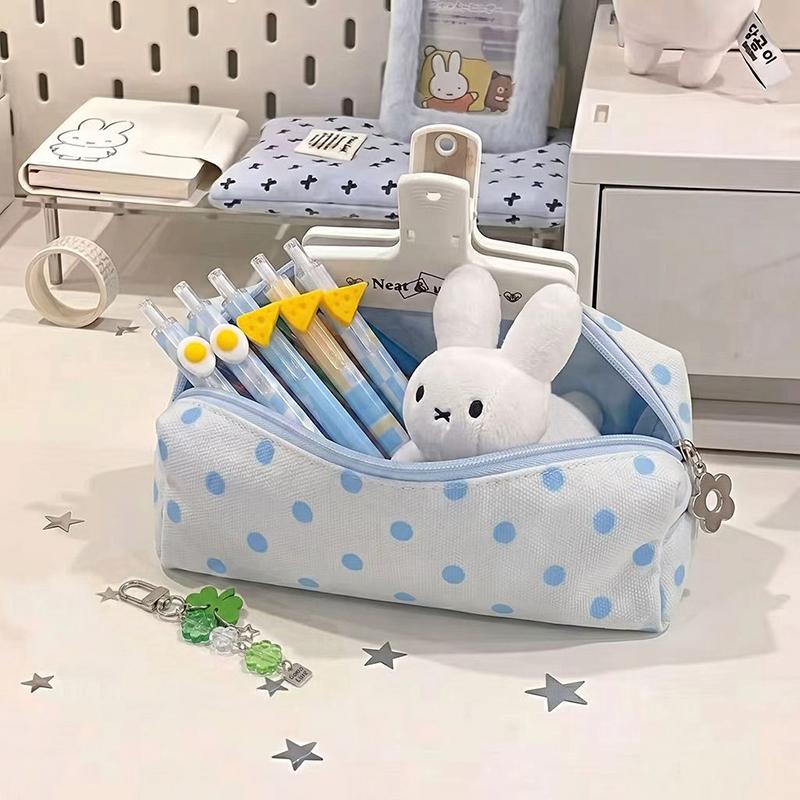 Cute Canvas Pencil Case With Blue Polka Dots And Flower Zipper Pull Perfect For Students School Stationery Storage