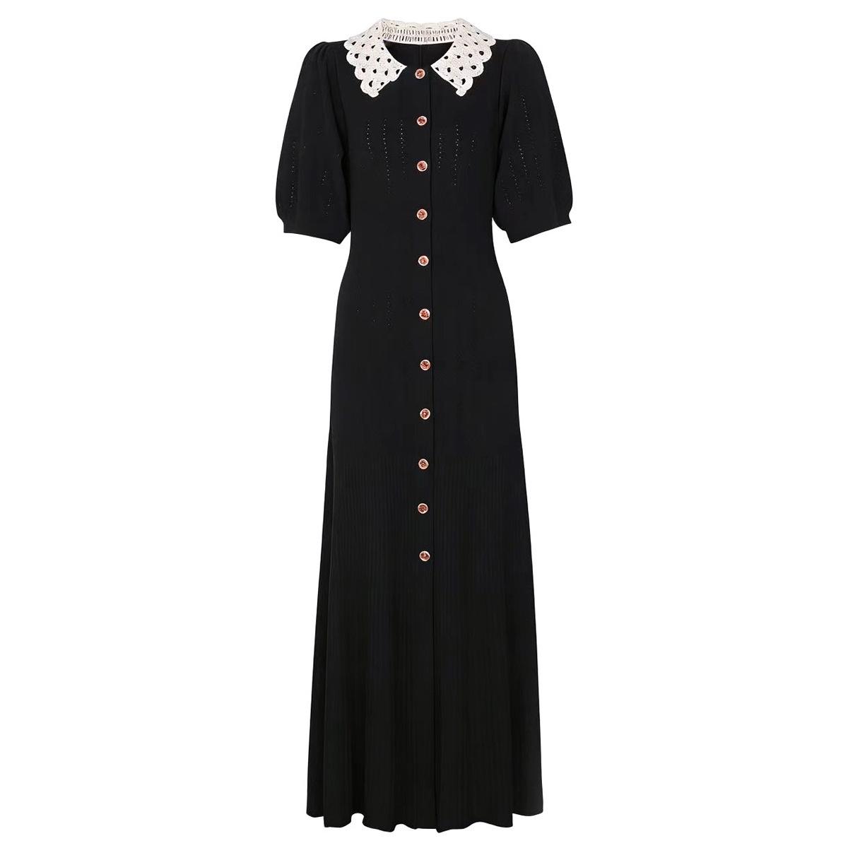 French Style Lantern Sleeve Knit Dress with Embroidered Collar – Spring/Summer Small