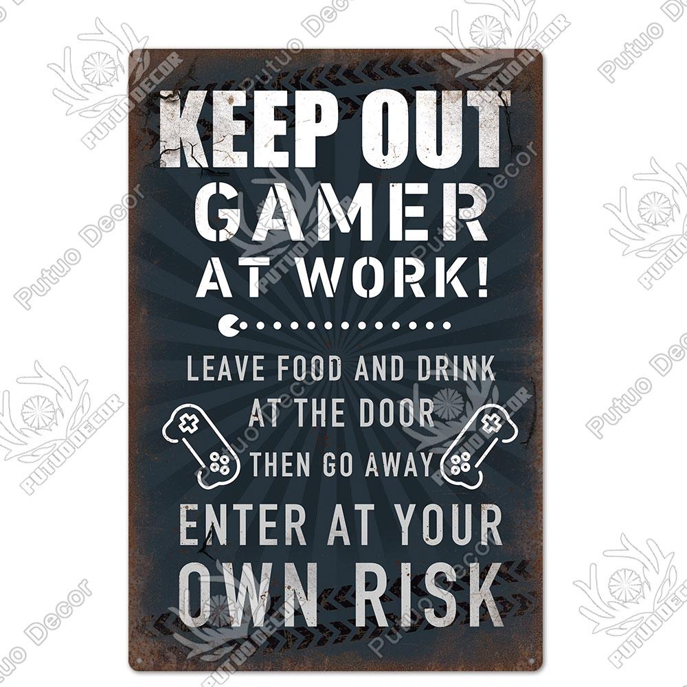 Decor Funny Gamer Metal Signs Vintage Tin Sign Gamer At Work Retro Signs for Home House Club Game Room Man Cave Wall Decor