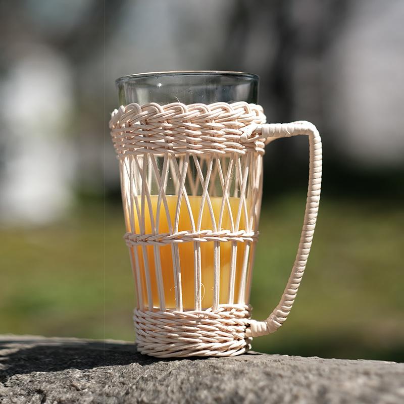 Rattan with Handle Retro Glass Woven Cup Household Breakfast Milk Cup Thermal Insulation Water Cup