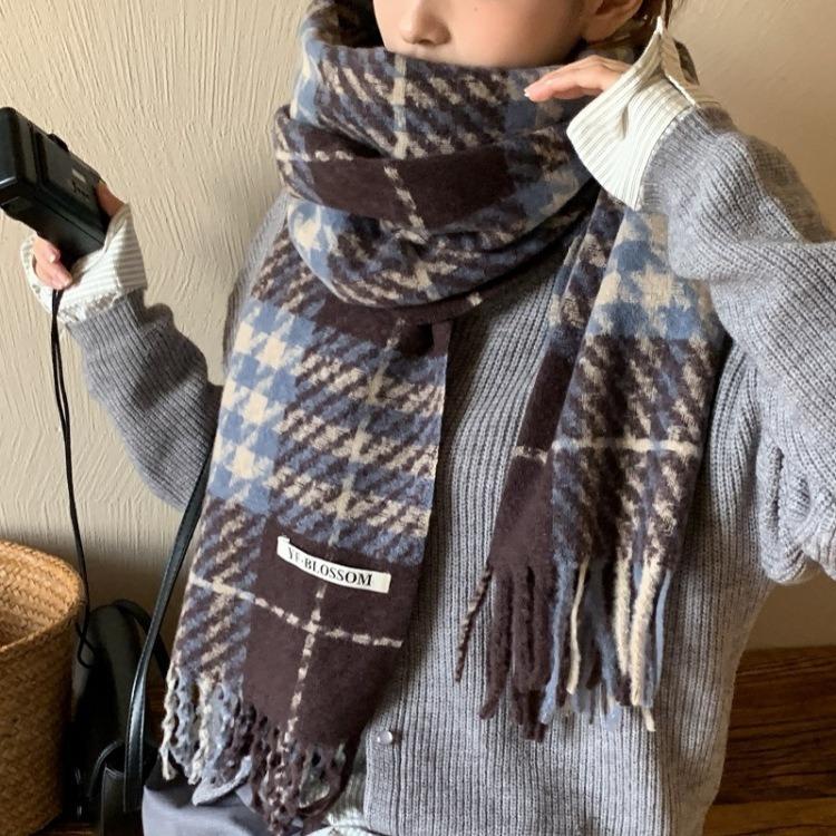 Korean Version of the New High-end Plaid Imitation Cashmere Fringed Scarf Women's Autumn and Winter Warm Versatile Shawl Scarf Couple