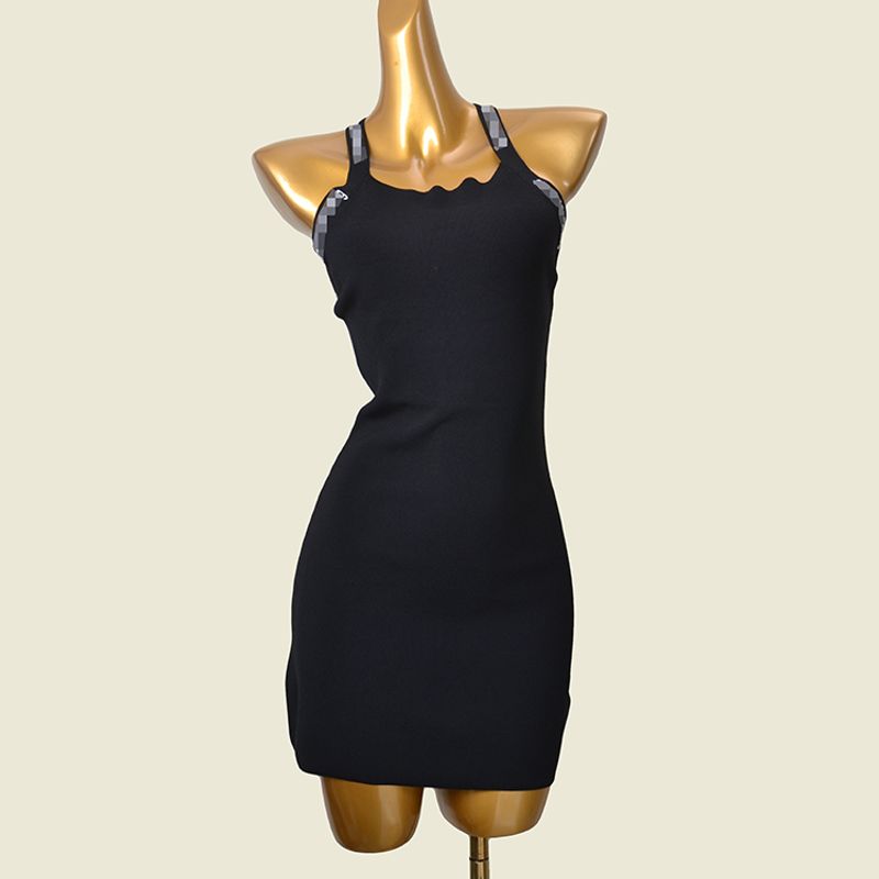 

English Letters Embroider Cross Back Skirt Fashion Wind High Elastic Silm Sexy Knit Halter Dress Halterneck Sheath Black M