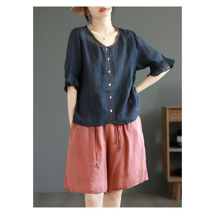 Cotton and Linen Literary Retro Five-point Sleeve Cotton and Linen V-neck T-shirt Ladies Loose and Thin Embroidered Blouse