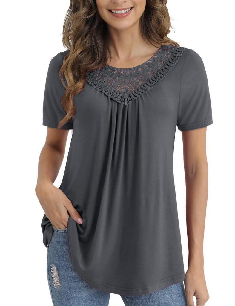 Top Estivo da Donna Taglie Forti con Ruffle in Pizzo a Manica Corta e Cintura (M-4XL)