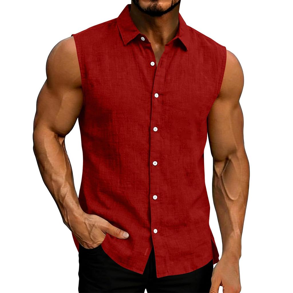 Mens Sleeveless Button Down Linen Shirt Casual Loose Fit Summer Muscle Shirt with Collar and Front Placket