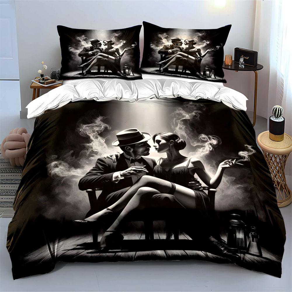 Retro Noir Couple Scene Bedding Duvet Cover Set (1*Duvet Cover 2*Pillowcases, Without Duvet Insert)