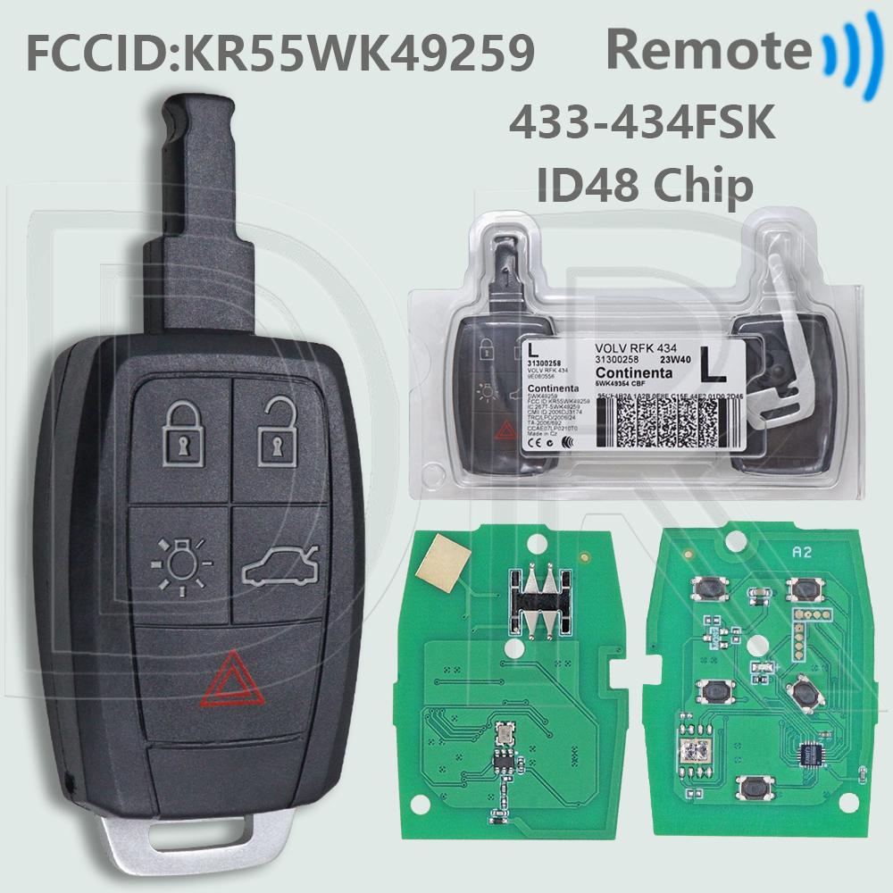 DR KR55WK49259 ID48 Chip 433-434FSK PFK 31300258 Car Remote Control Key For Volvo C30 V40 S40 V50 D5 S60 C70 V70 XC90