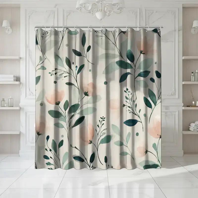 Watercolor-Style Floral Shower Curtain With Hooks, Made Of Polyester, Machine Washable, Suitable For Bathroom Decor.