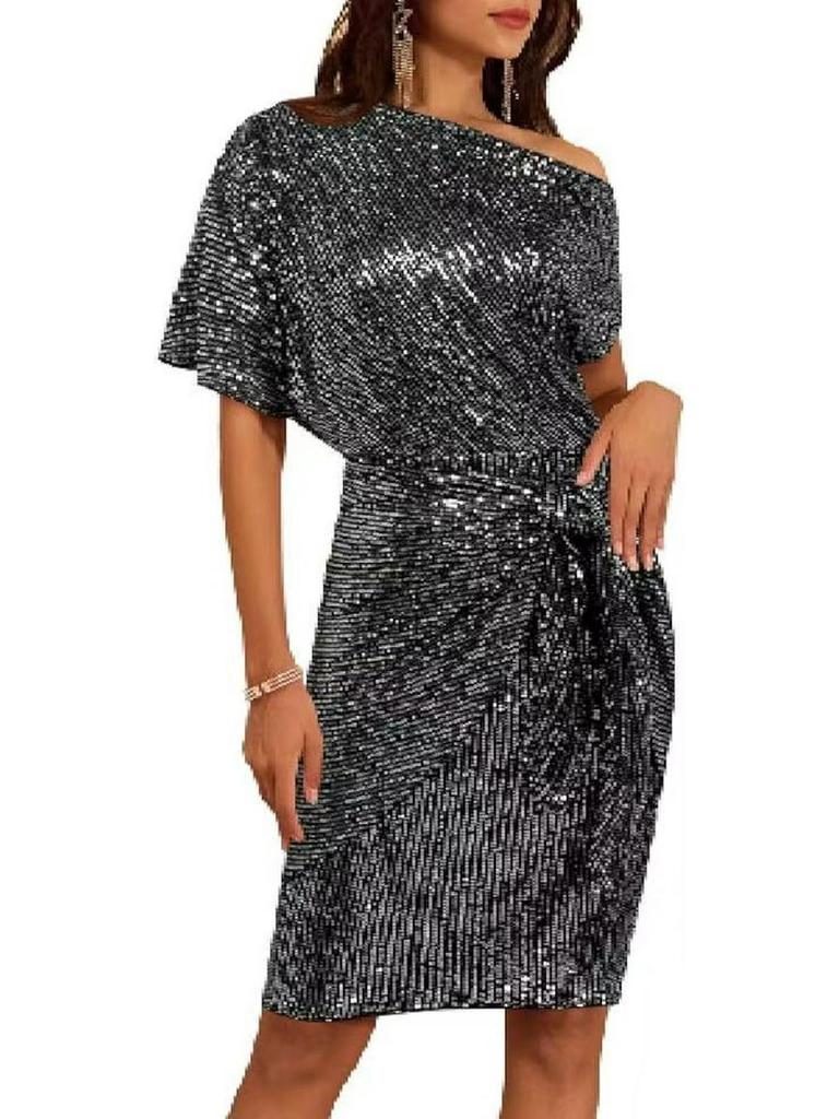 Cross-Border Glitter One-Shoulder Ruffled Party Dress for Women