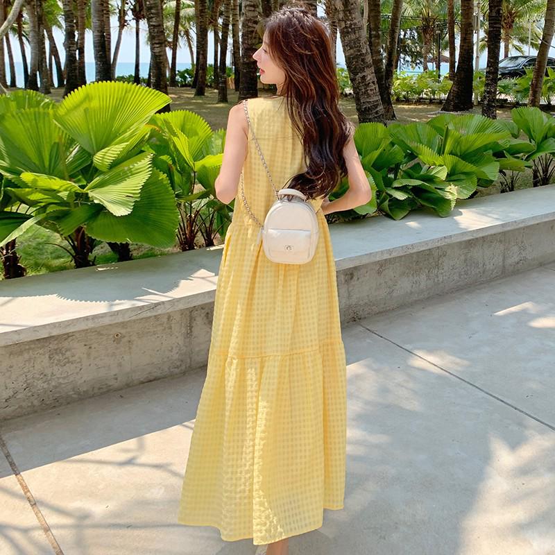New Summer 2026 Women's Yellow Sleeveless French Vest Dress - Beach Resort Style