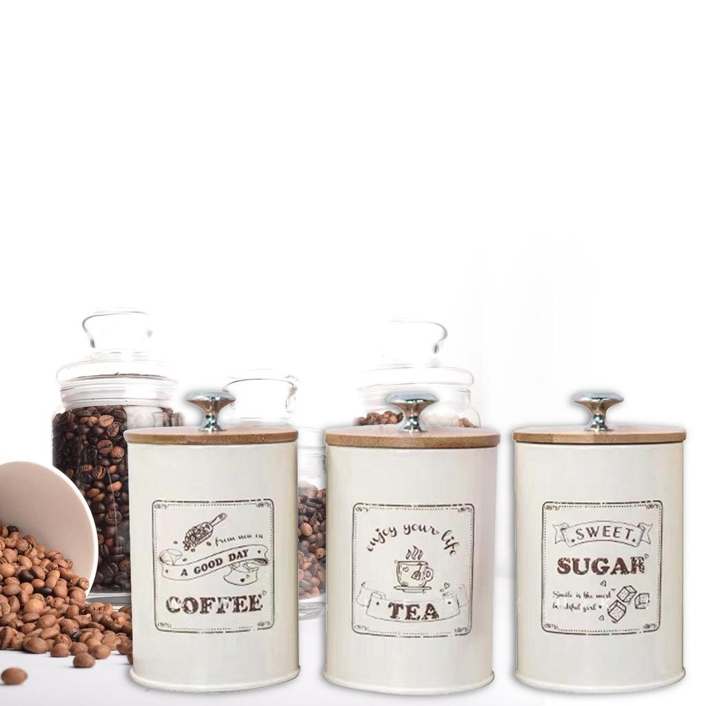 3pcs Vintage Style Tea Coffee Sugar Canisters Jars Pots Tins with Bamboo Lids