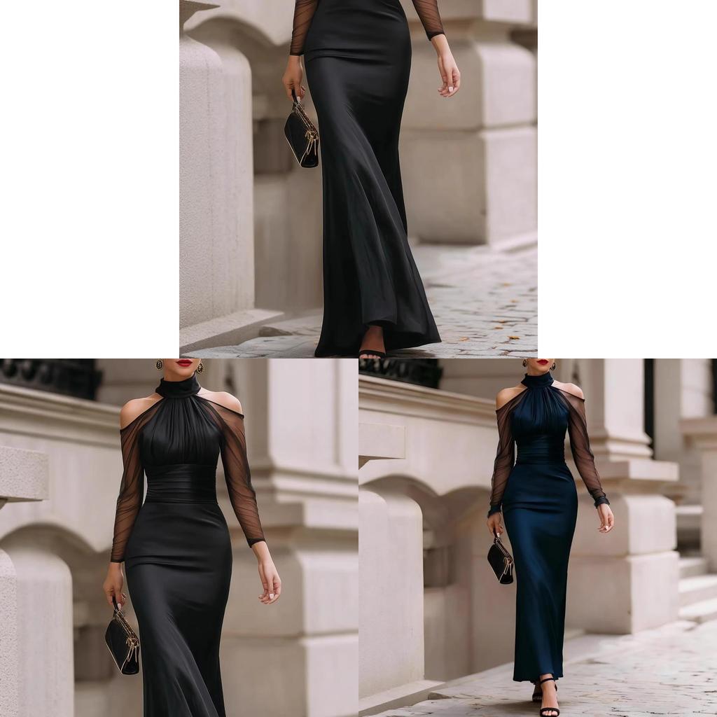 High Waist Solid Color Maxi Dress With Splicing Technique For Casual Streetwear