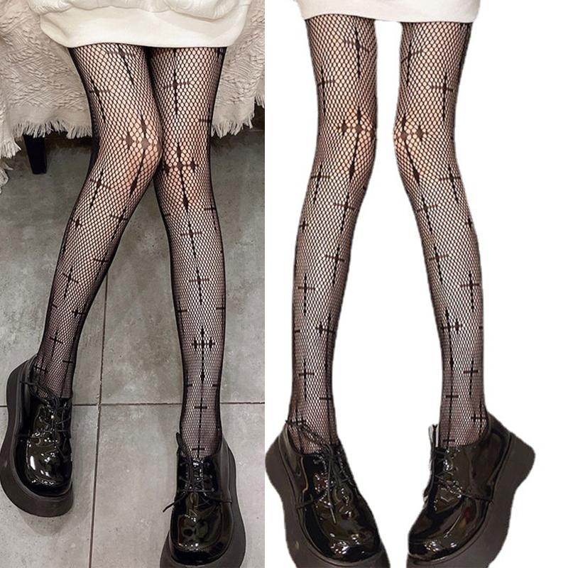Women Dark Gothic Fishnet Pantyhose Punk Crosses Pattern Mesh Tights Stockings for Cosplay Party and Casual Wear