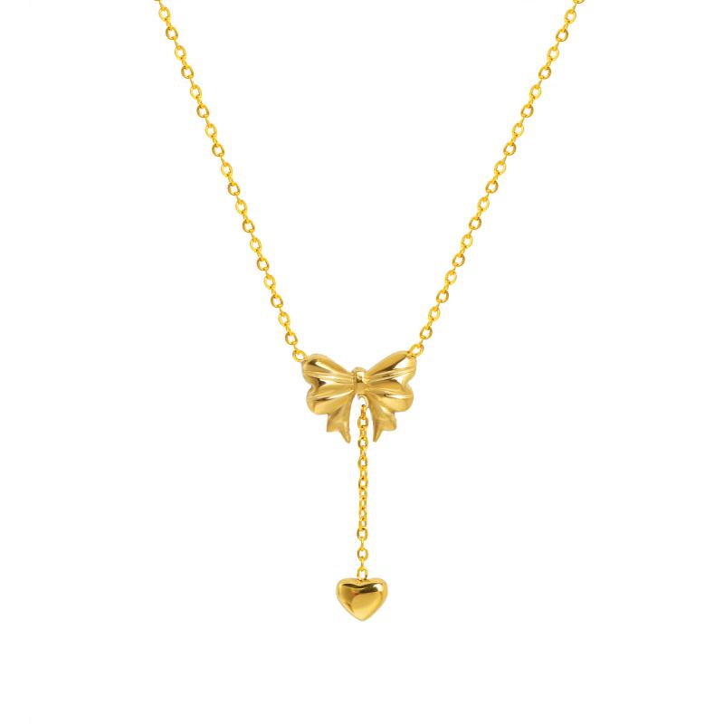 European and American fashion bow heart-shaped tassel non fading light luxury sweet pendant necklace 45+5CM&fashion золотистый