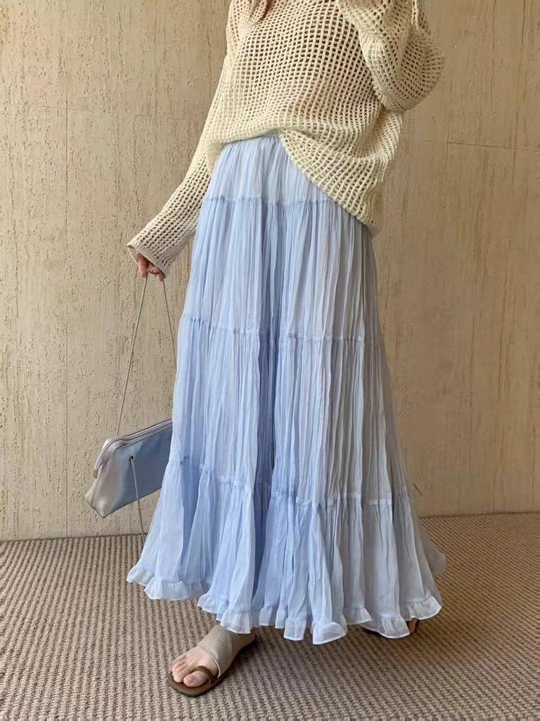 French Gentle Wind Ruffle Leaf Edge Mesh Skirt Women's Summer Long Pleated Thin Lazy Holiday Style A-word Skirt