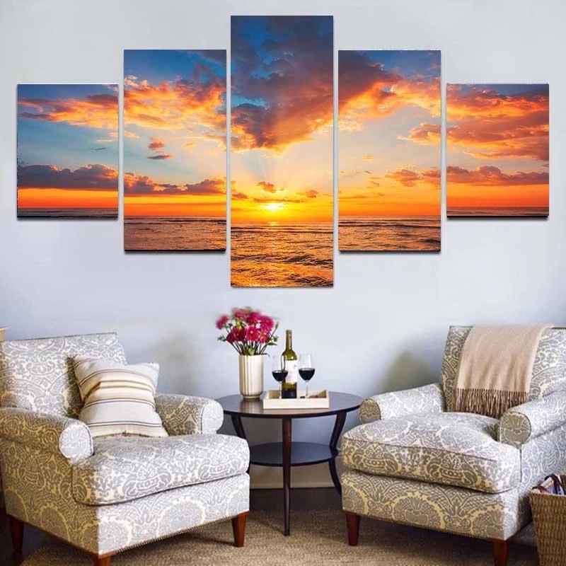5 Pieces Natural Blue Beach Sunset Landscape Canvas Painting Seascape Posters And Prints Wall Art Pictures Home Decor No Frame