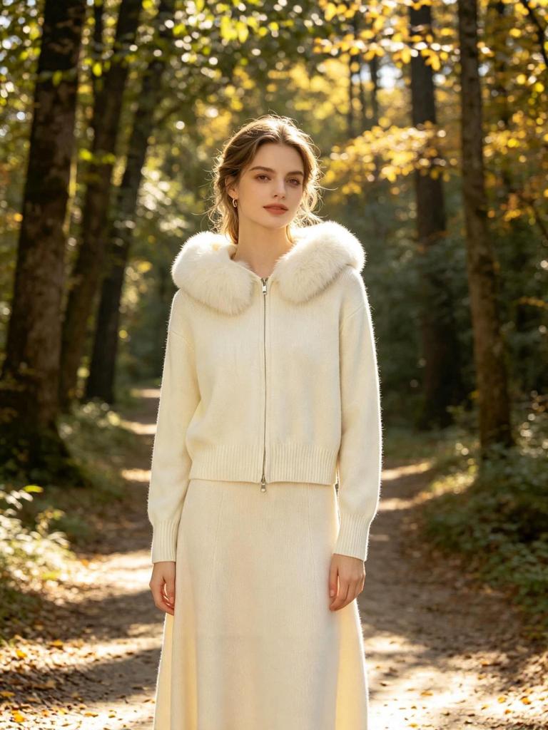 Women's Hooded Knit Cardigan with Fur Collar, Slim Fit, Short Loose Sweater for Autumn/Winter