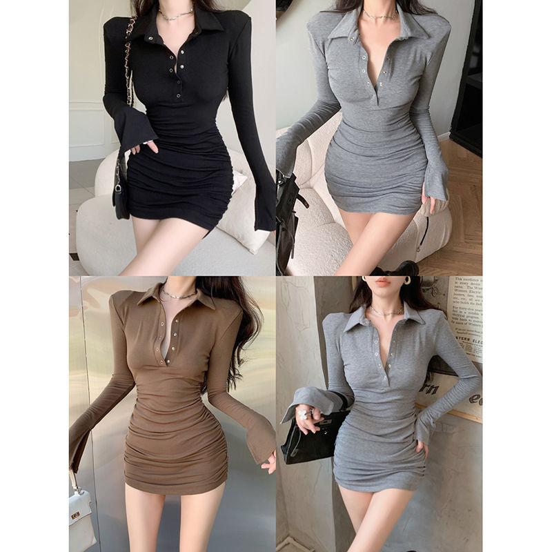 Spring new solid color polo collar button dress for women, Korean style sweet and spicy sexy waist-cinching inner with bodycon skirt