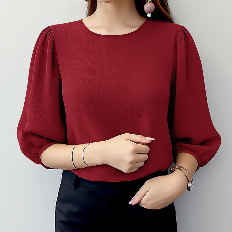 ZANZEA Womens Casual Round Neck Solid Color 3/4 Sleeve Blouse