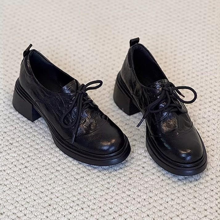Platformy z grubym obcasem retro mokasyny damskie wiosna 2026 zaokrąglony nosek sznurowane małe skórzane buty brytyjski styl buty wsuwane