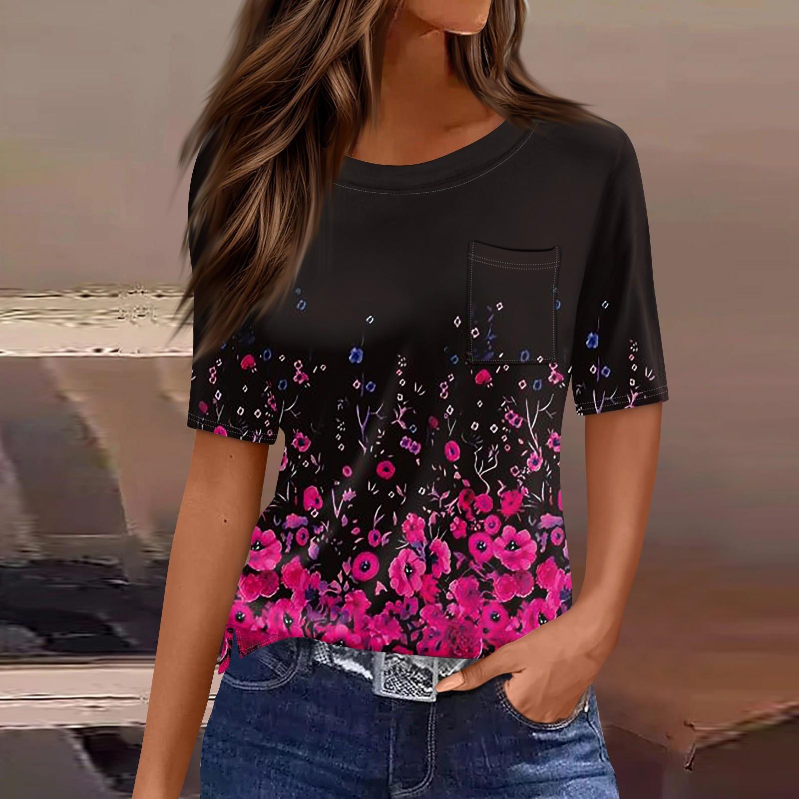 

Футболки для женщин, плиссированные, с круглым вырезом, нарядные, повседневные, блузки с принтом, с коротким рукавом, летние топы, свободный крой XXL горячий розовый