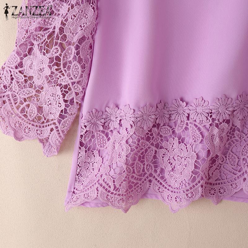 ZANZEA Women Casual Lace Crochet Splice 3/4 Sleeve Loose Blouse