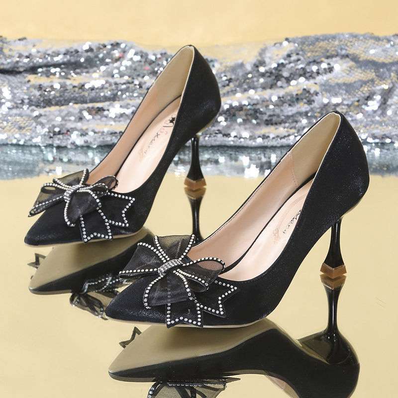 French high heels women's 2025 autumn new versatile stiletto temperament pointed bow single shoes bridesmaid wedding shoes
