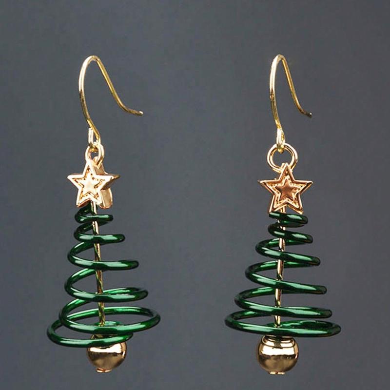 Moonfan 1 Pair Christmas Creative Multi-Layer Spring Five-Pointed Star Earrings, Fashionable Christmas Tree Stud Earrings