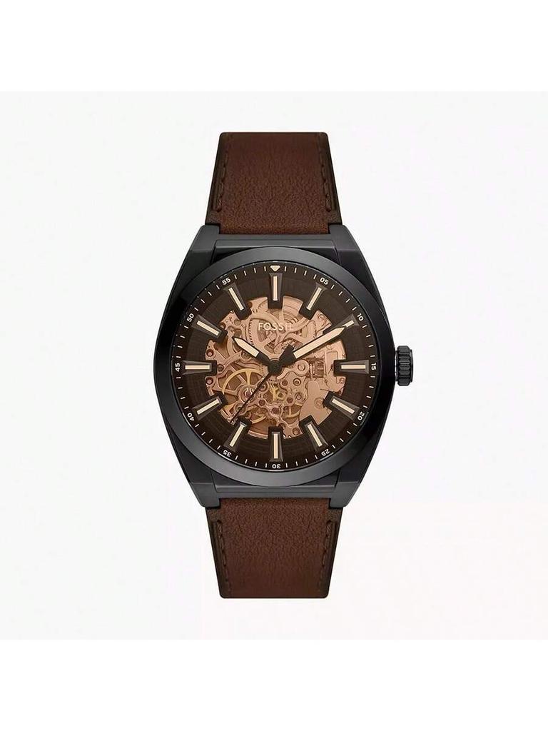 Fossil Everett Automatic Dark Brown LiteHide™ Leather Man's Watch,Hollowed Out Disc, Brown/Silver Gold Dial, Unique Style, As A Gift For Men ME3207