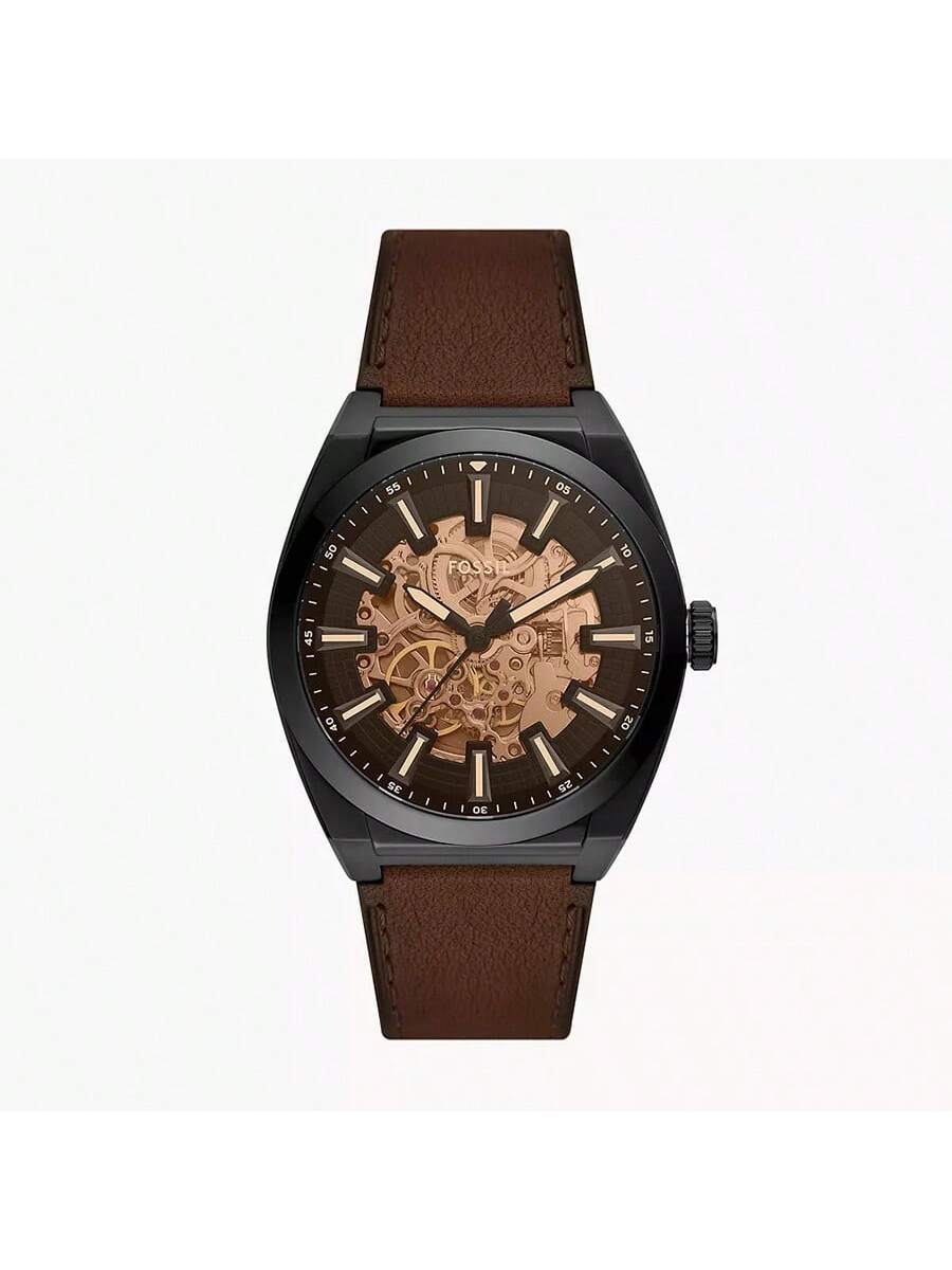 

Fossil Everett Automatic Dark Brown LiteHide™ Leather Man s Watch,Hollowed Out Disc, Brown/Silver Gold Dial, Unique Style, As A Gift For Men ME3207 коричневий