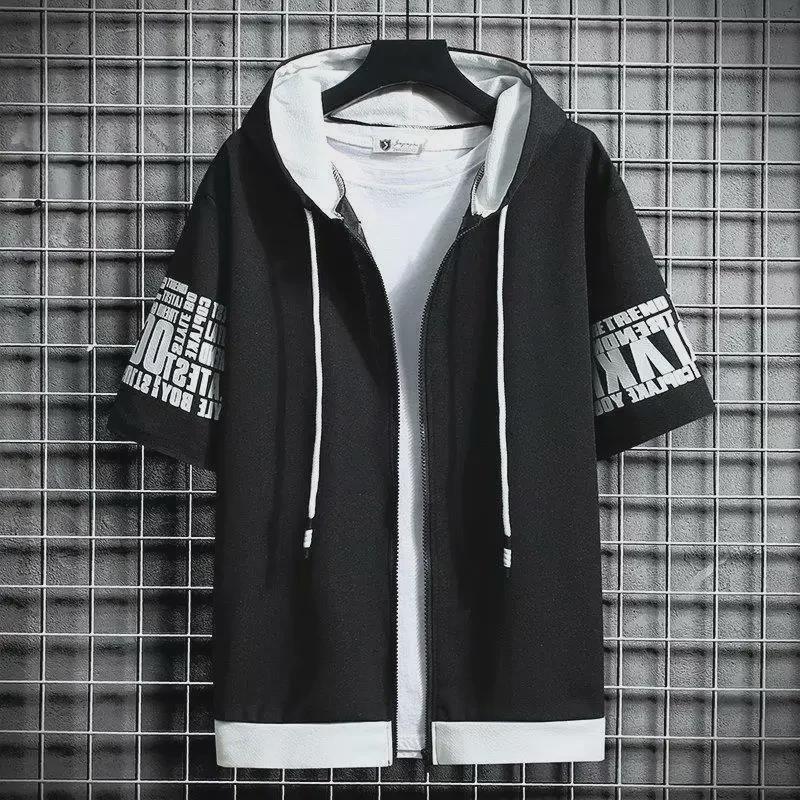 Hong Kong Style Men's Loose Fit Hooded Cardigan T-Shirt - Trendy Short Sleeve Summer Top