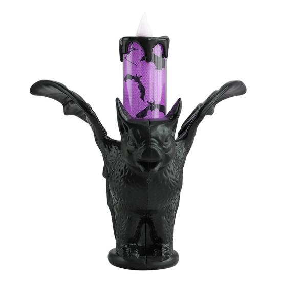 Halloween LED Bat Candle Lamp Flameless Flickering Tabletop Candle Lamp Horror Black Bat Statue Candlestick for Indoor Home Decor
