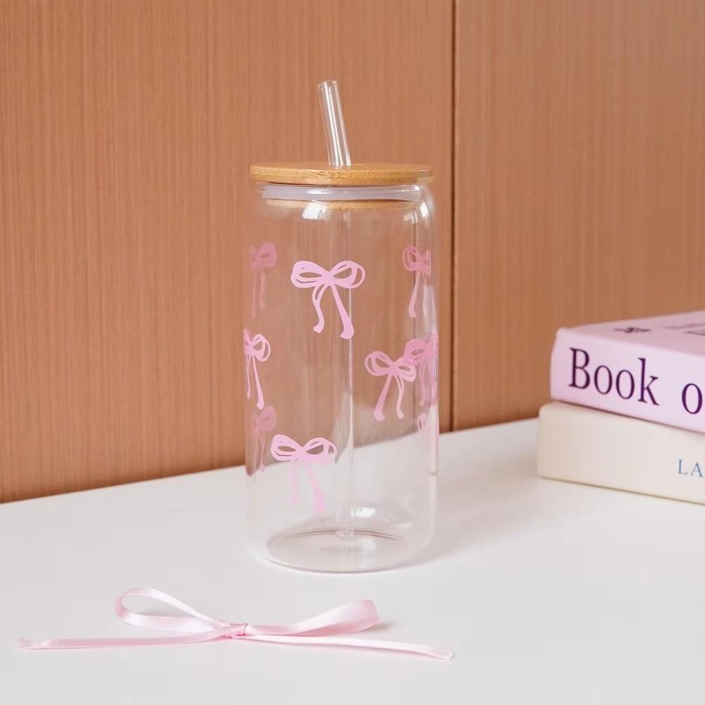 Cute 500ml Bow Glass Cups with Lids and Straw Drinkware Container Coffee Cups Tumbler Cups Girl Gift