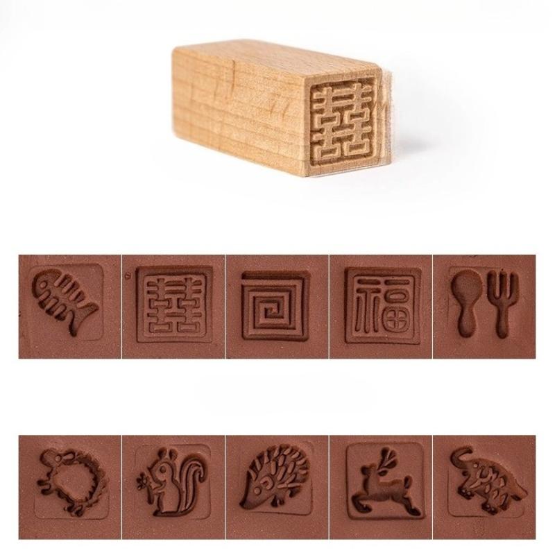 5pcs Wooden Texture Stamp Set for Pottery Cartoon Animal Plant Imprint Molds Clay Carving Tools for Ceramic Art
