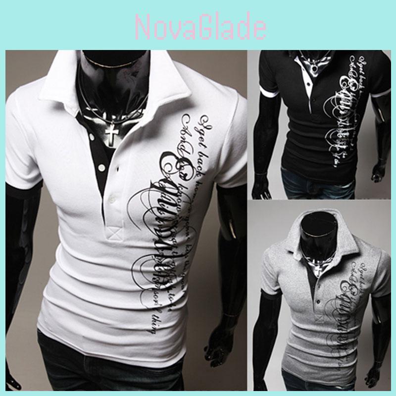 Elegant Men's Fashion Lapel Short Sleeve Blouse Casual Letters Print T-shirt