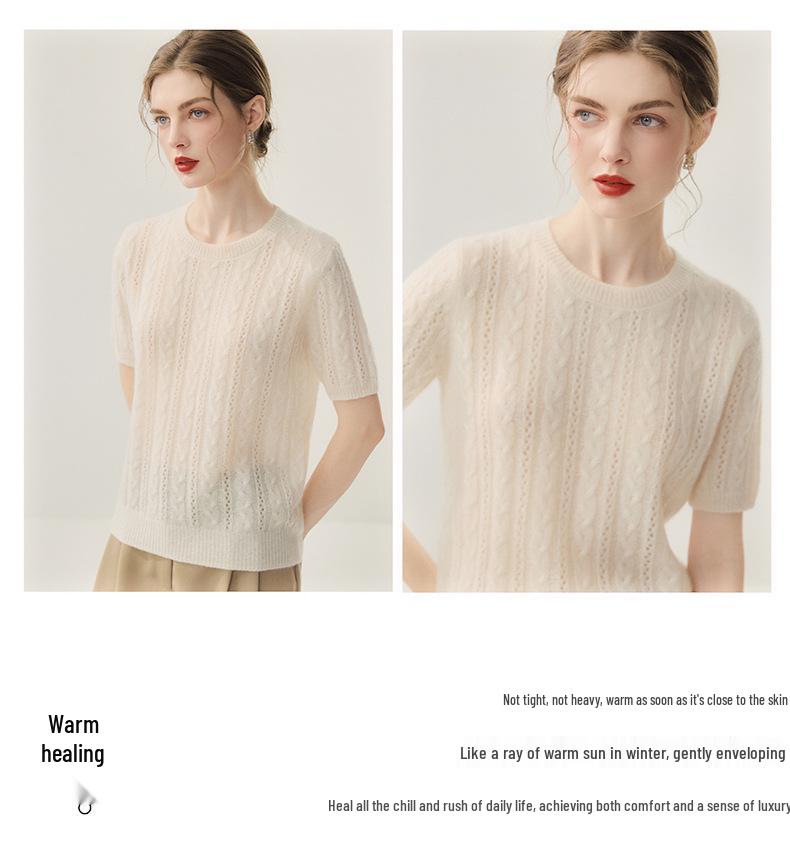 Lekasha Cashmere Cable Knit Hollow Design Round Neck Loose Women's Short Sleeve Top