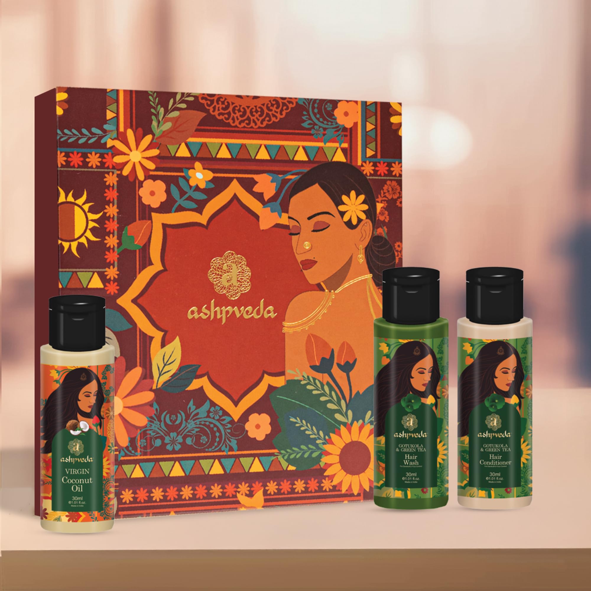 

Ashpveda Champa Gift Box | Green Tea & Gotukola Hair Care Kit - Hair Wash, Conditioner & Virgin Coconut Oil - Travel Size Pack