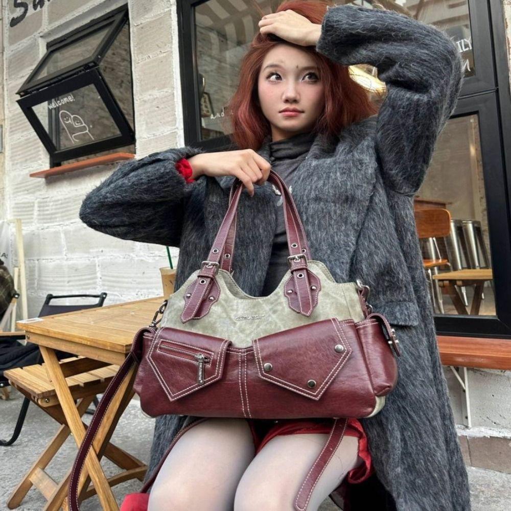 Casual PU Leather Shoulder Bag Large Capacity Crossed Color Cowboy Backpack Multifunctional Underarm Bag Street Style