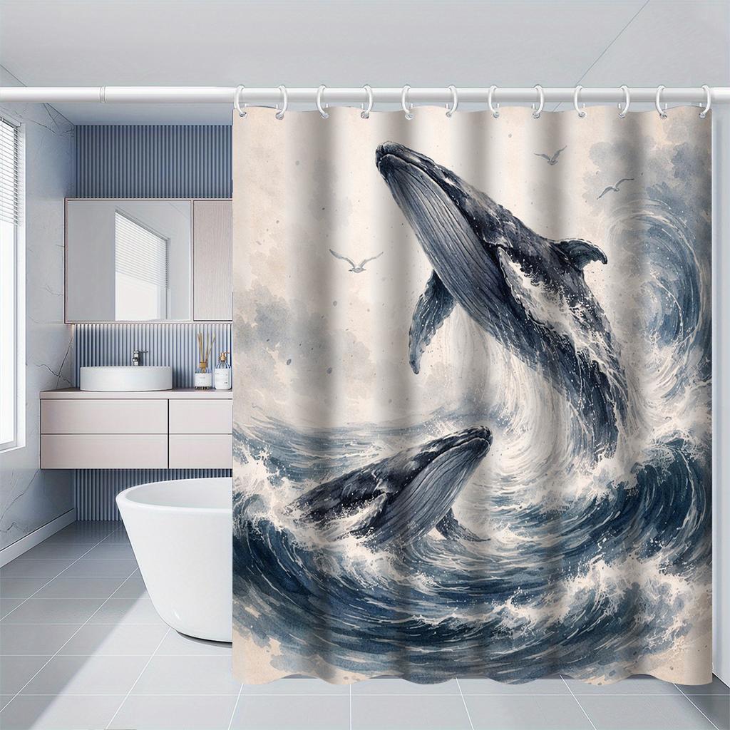 Watercolor Double Whale Breaching Illustration Shower Curtain 1Pc With 12 Hooks For Bathroom Home Decor Polyester 70.8X70.8 Inch