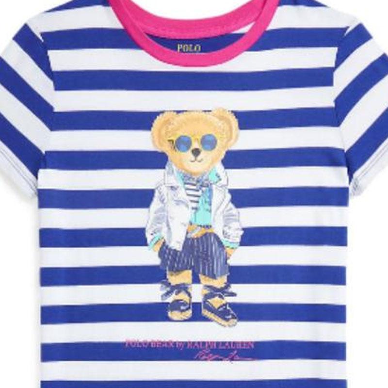 Polo Ralph Lauren Dress Kids Striped Cartoon Anime Pattern Round Neck Short Sleeve Short Kids Dress Blue White 313926019-001
