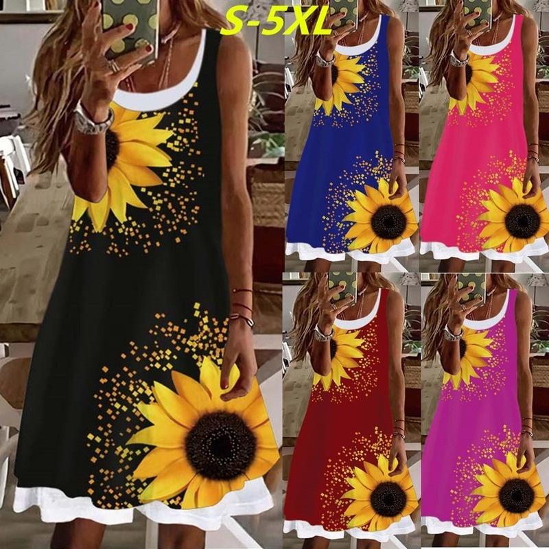 Summer New Fashion Women's Dress Women's Sunflower Fake Two Pieces Printed Sleeveless Casual Soft and Comfortable Plus Size Dress S-5XL