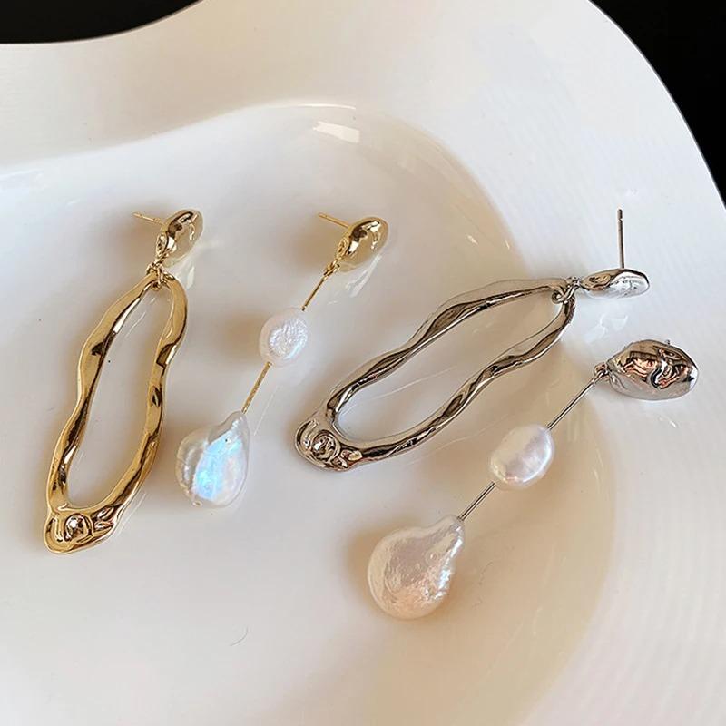 Asymmetric Earring Freshwater Pearl Metallic Exaggerated Long Stud Earring Ladies and Girls Party Jewelry Gifts