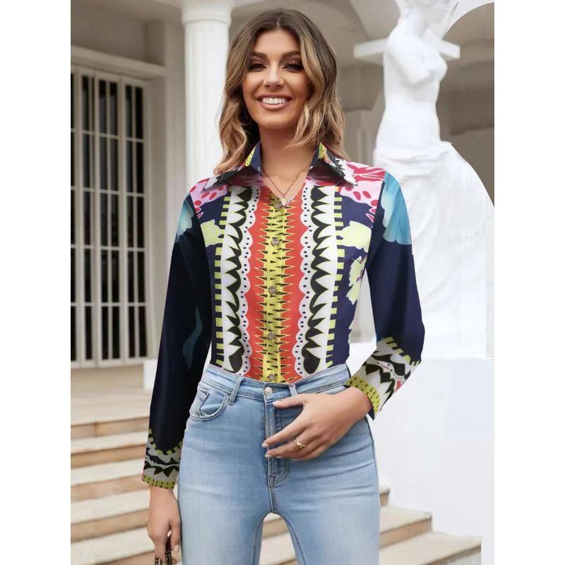 Fashion Spring & Fall New Lapel Work Clothing Ol Fashion Single-Breasted Straight-leg Gingham Geometric Print Long Sleeve Shirt Top