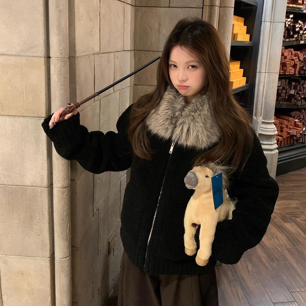 CookiedHO London Winter Night Highlights Big Fur Collar Soft Ring Lamb Fur Clipped Fluff Jacket