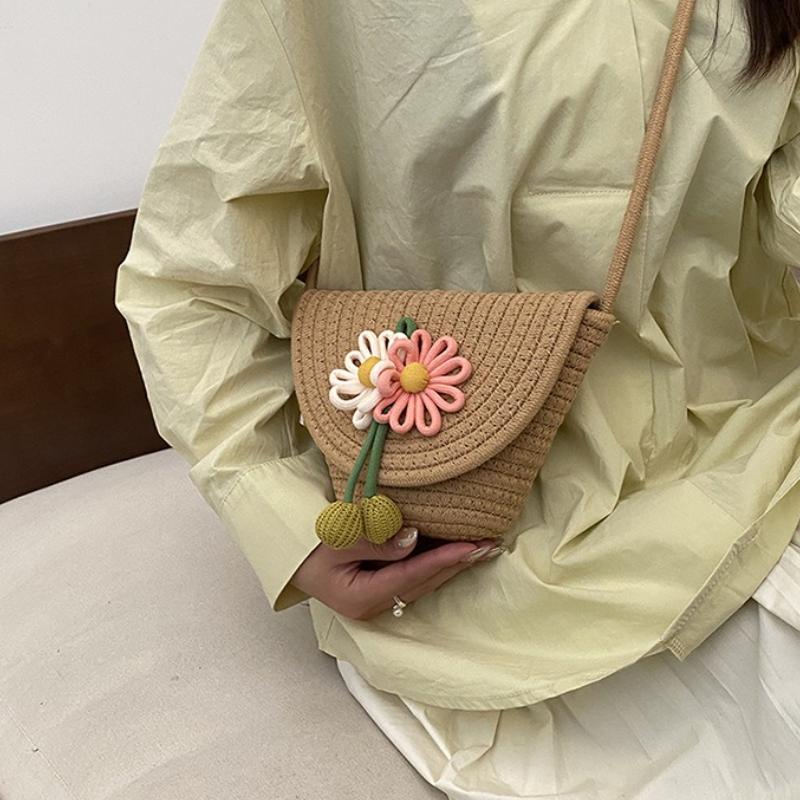 Durable Straw Crossbody Bag Flower Woven Coin Purse Handbag Girls Shoulder Messenger Bag Summer Cute Princess Handbag 2025 Gift