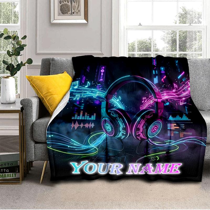 1PC Custom Name Neon Headphones Vibes Flannel Blanket Versatile,all-season Throw Suitable for the Living Room,bedroom,camping,travel,and Gift