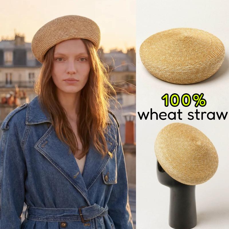 Garden Supplies My Women's Delicate Fine Wheat Straw Pillbox Hat Fashion Casual Hand Weave Berets Summer Catwalk Concave Shape Straw Bud Painter Hat 56Cm