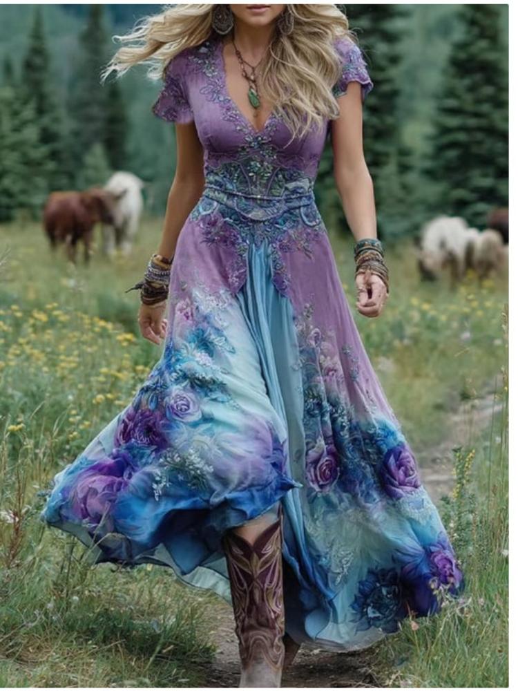 Sukienka maxi z długim rękawem w kwiatowy wzór, z zielono-fioletowym wzorem, w stylu casual boho