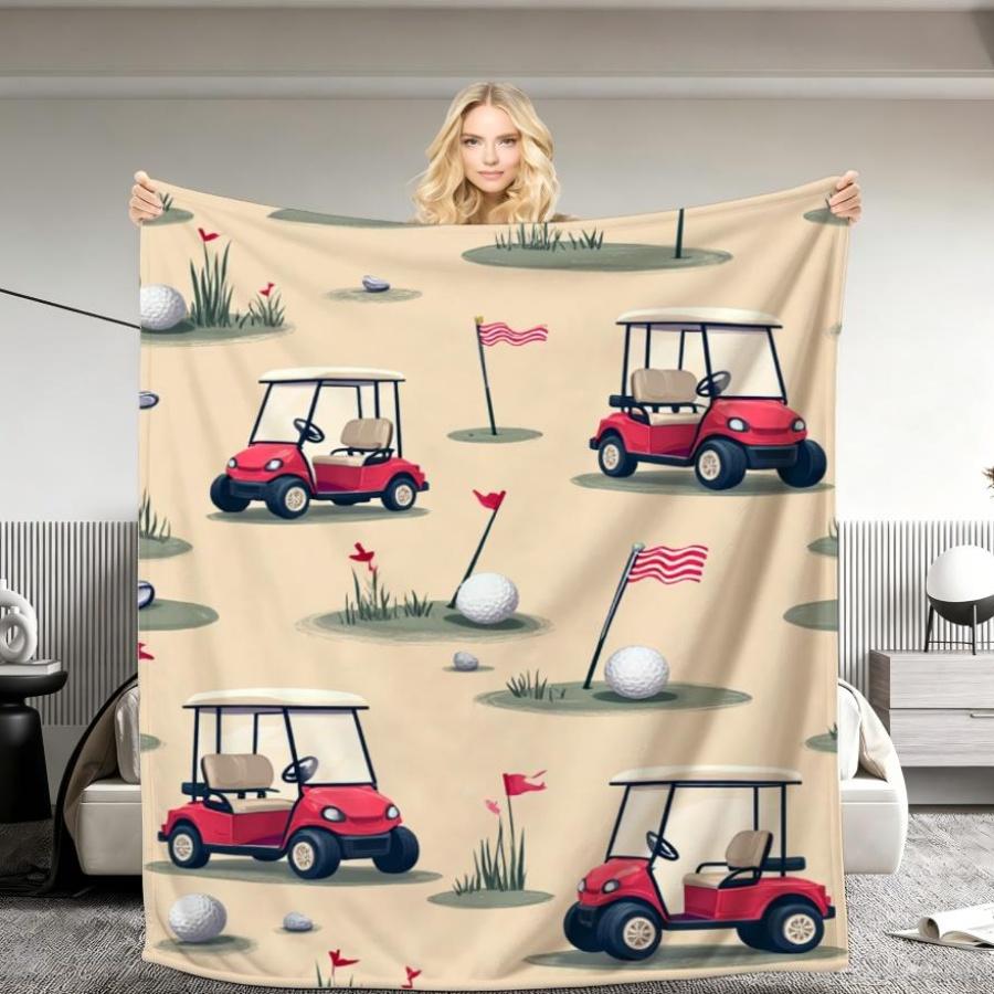 Halloween Printed Blanket, 240GSM, with Fun Red Golf Cart And Club Pattern, Beige Single-Sided Printed Washable All-Season Summer Cooling Blanket