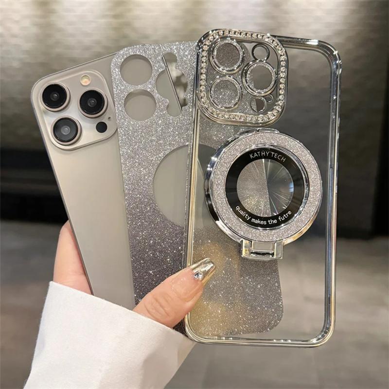 Luxury Plating For Magsafe Magnetic Stand Holder Glitter Diamond Case For iPhone 17 16 15 11 12 13 14 Pro Max Silicone Cover